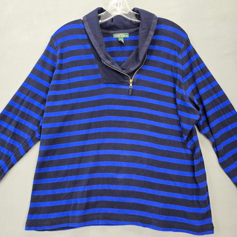 Lauren Ralph Lauren Blue Black Stripe Shirt Long Sleeves Zip Cowl Womens Plus 2X
